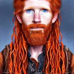 Portrait of young Courtney Gains as a ruggedly handsome, joyful, roguish pirate, charismatic, attractive male, masculine, perfect, precisely detailed clear eyes, unblemished, flawless skin, softly freckled face; meticulously detailed multi-hued ginger carrot-colored cherry fire red hair; fantasy, intricate, elegant, highly detailed, digital painting, concept art, matte, sharp focus, illustration, art by artgerm and greg rutkowski and alphonse mucha