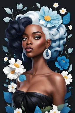 create a whimsical logo style image with exaggerated features, 2k. with a black woman wearing a black off the shoulder blouse, blue and white hair, background of black and blue large flowers