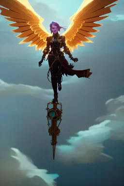 steampunk angel flying above the ocean, pale, golden glow, majestic