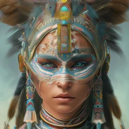 war painted pueblo Indian female,detailed eyes, blue eyes,, disturbed expression.intricate detaile,thnically accurate face, intricate head dress,detailed turquoise jewelry, detailed hair, detailed feathers, use dynamic palette, accurate proportions, high contrast black smokey bokeh background.studio ghibli,andrea bonelli,Kilian Eng,Ohrai, korra character, style.