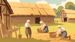 young and old people working in the field near medieval barns