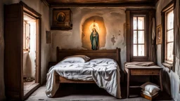 poor European small village room with a narrow old vintage wooden bed, large white pillows at the end of the bed, an old wardrobe, a small wooden table by the wall with a kerosene lamp on it, a religion painting of the Virgin Mary the blessed mother with sacred heart on the wall, an old rectangular mirror on the wall, the wooden framed window simple poor village furniture, sharp focus, high realistic, perfect photo,