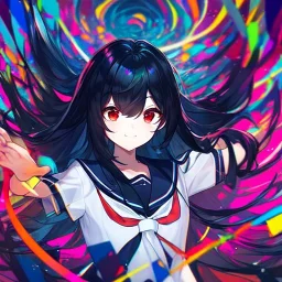 Clear focus, high resolution, black long fluffy hair, red eyes, wearing a sailor uniform, doing a evil smile, Style Vtuber, Colorful