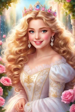 Adorable digital painting of a beautiful girl in a gorgeous elegant wedding dress, portrait of Princess Aurora, sparkling crown, front view, beautiful smile, shiny golden curly hair, angel eyes, beautiful face, rosy cheeks, pink lips, Aurora's face, digital art, surrounded by garden and roses in the background, romantic style, dream world, high quality, 4k