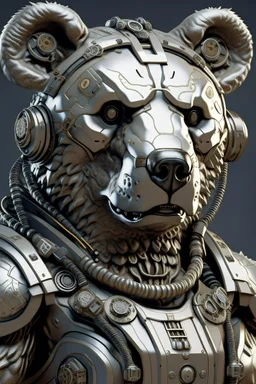 3D Portrait of a realistic cyborg bear in natural colour wearing armor in realism