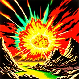 90's TCG art retro fantasy art of a huge explosion