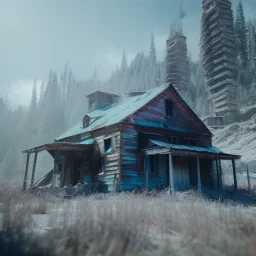 abandoned Ghosttown Goldmine Buildings in the mountains, winter, octane render