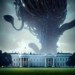 a alien craft that has landed on the white house lawn :: made of shiny obsidian glass :: reflective, glassy :: subtractive lighting, backlit :: by John William Waterhouse, Greg Rutkowski, HR Giger :: hyperrealistic, hyper detailed, photorealistic :: epic, incredible composition, amazing depth, meticulously composed, 16k resolution concept art :: fantasy magazine cover art