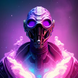 full body apocalyptic purple masked villain in galaxy, teal and purple smoke, detailed, realistic, 4k