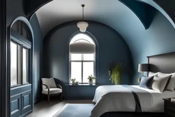 arched ceiling moody blue bedroom