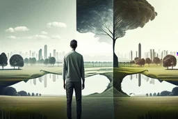 man standing in a split picture, open countryside, with trees on one side and a pristine futuristic city on the other side