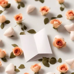 A photo of a white folded card, 5.5 by 4.25 inches. The card is vertically positioned on a beautiful white surface, positioned between rose petals and litte golden hearts.