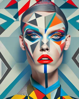 A striking portrait of an avant-garde fashion model, adorned with geometric patterns and bold makeup, in the style of hard-edge painting, crisp lines, flat colors, and high contrast between shapes, inspired by the works of Frank Stella and Bridget Riley, celebrating the innovative and experimental spirit of the fashion world.