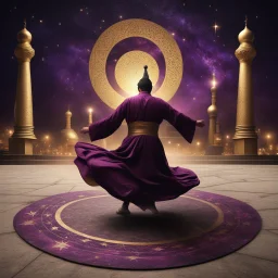 Hyper Realistic Sufi Whirling on stone floor with maroon, purple & Golden Islamic Sufi Rustic Grungy Background outside black-&-golden marble Islamic monument at dark night, heavy-fig with stars on sky showing dramatic & cinematic ambiance.