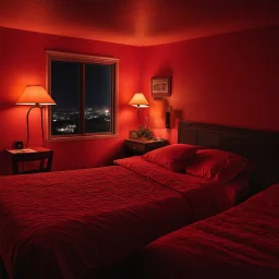 the interior of a motel room, red hues, showing the aftermath of a romantic night