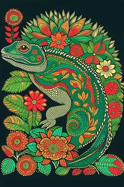 a chameleon rounded by flowers and leaves, quimbaya culture style