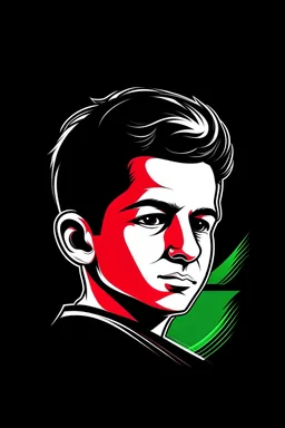 logo, boy with Italian flag, red, white, green, fluorescent, line art, black background.