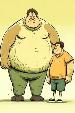 a fat man with a thin light beard bulling a thin tall man with a short afro cut by siting on him. Cartoon.