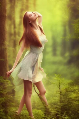 Beautiful smily feminine girl in the forest afternoon ín 24K Resolutions, super HD, Professional PHOTOGRAPHY