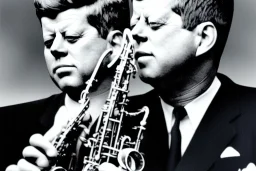 Lonely John f kennedy playing A normal saxophone with his eyes closed and puffy cheeks