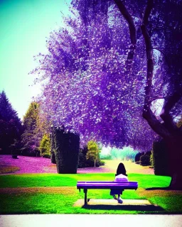 park mystical dream, park bench, man, woman, child, dog, pretty blue and purple trees, blue path, bird, jogger, sunshine, mystical, fantasy, romanticism, cinematic, cinematic lighting, award-winning, beautiful colors, daylight, daytime,