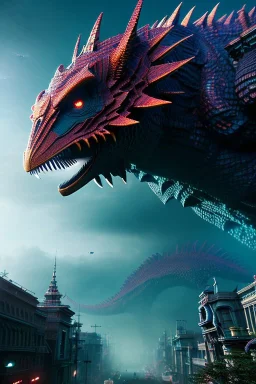 Kaiju, gloomy, 8k resolution, intricate details, ornate details, soft lighting, vibrant colors, retroanime, masterpiece, intricate eyeliner, dark eyeshadow, eyes, intricate tattoos, Modern city background