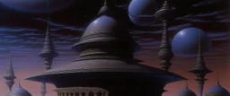 A purplish black otherworldly Arabian palace with UFOs designed in Navajo woven art painted by Caspar David Friedrich
