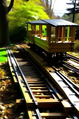 A one-passenger monorail track built in my back yard, made from plywood and 2x4 lumber.