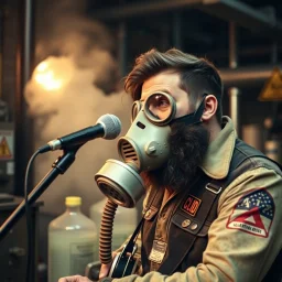 en skäggig motorcykelklubbs kille som försöker sjunga med en gasmask i en fabrik, livsfarliga kemikalier som lut och syra, varningsymboler, gasmasker, dom kallar honom för babyface för att ser så barnslig ut