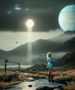 Ultra Realistic retro sci-fi 1960 scene, waist up view portrait, blonde woman, sweet young Marilyn Monroe face, perfect iris, tight latex coat, alien planet background, tight style, steel sphere dron levitating, fog, rain, soft color, highly detailed, unreal engine 5, ray tracing, RTX, lumen lighting, ultra detail, volumetric lighting, 3d, finely drawn, high definition, high resolution.