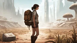 A slender 60-year-old woman, in brown shorts, a shirt and boots, one hand on hip, the other holding a backpack, standing in a deserted, empty, dead sci-fi city, with small clumps of strange plants and fungi