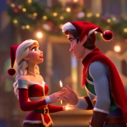 two elves. woman and man. Christmas scene. poster. marvel comic. low-key