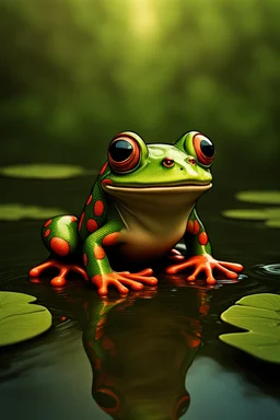 Create a captivating, high-resolution image of a leapfrog on a riverbank. The frog should appear almost hypnotic, with a gaze that directly engages the viewer as if it's looking into the camera. The artwork must be rendered in an 8k ultra-detailed cartoon style, showcasing vibrant colors and intricate details that bring the character to life