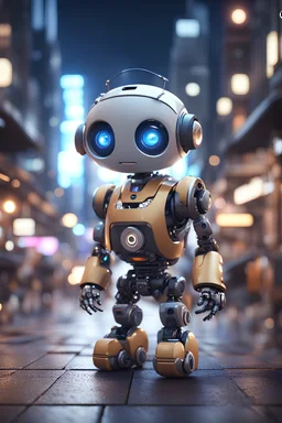 unreal engine render of a cute tiny robo in a busy, crowded city at night, cute eyes, volumetric lighting