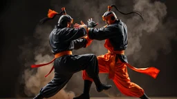 An image of two wushu fighters fighting in a black, orange, and blue color scheme.