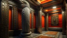 Leviathan in a room designed with door mosaics, huge interior pipes, pillars, plaques, and the colors orange and gray.