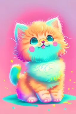digital illustration of an Adorable, tiny, fluffy, playful kitten, cartoon style, using bright and pastel colors