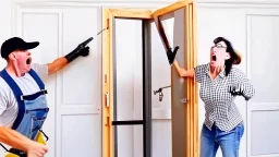 lady angry with male contractor installing the oversized screen door