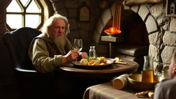 Bilbo Baggins at home in Bag End sitting down to a delicious meal. Award-winning colour photograph.