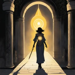 [Dalgoda illustration by Jan Strand and Dennis Fujitake] Seraphina walks beside you, her face etched with concentration as she guides the group forward with the aid of the glowing key. The orb pulses with an eerie light, casting long shadows that dance and twist along the passageway walls. Every so often, Seraphina pauses, her brow furrowing as she studies the intricate reliefs carved into the stone. "These symbols..." she murmurs, "they're older than anything I've ever seen before.