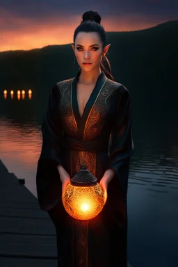 dark black eyes, female elf, dark high ponytail hair, detailed ornamental magical robe, glowing orb on fire implanted on robe, 8k, high detail, lake background, midnight, facing viewer