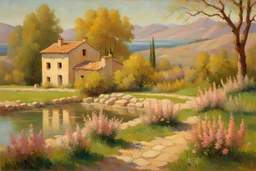 Sunny day, mountains, river, distant adobe house, flowers, spring trees, stone wall, spring, ludwig dettman and friedrich eckenfelder impressionism paintings