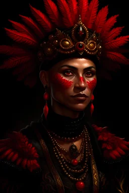Spanish renassaince woman portrait, wearing black and red pearl masque, shell colour headdress, and extremly textured hyperrealistic renmaisance clothing maximálist epic textured concept art