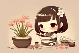 contented cute chibi girl making ikebana