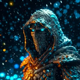 hooded marble knight covered with glowing crystals, fire particles in air, bright colors, glowing sparkle particles, dark tone, sharp focus, high contrast, 8k, incredible depth, depth of field, dramatic lighting, beautifully intricate details, clean environment, epic dynamic scene