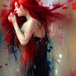 Red, beautiful redhead girl, roses, paint splatter, Jeremy Mann, Pino Daeni, Alphonse Mucha and Alex Maleev and Liz Gael, oil splash, Paint Strokes, Ink Drip, a masterpiece, 8k resolution highly detailed intricate, black_lineart, sharp focus