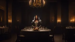 In the dimly lit dining room of the large, foreboding castle, Elara, a former peasant turned captive, sits alone at the grand table. The flickering candlelight casts dancing shadows across the walls, adding an air of mystery to the room. Her eyes are drawn to a majestic statue mounted on the wall, depicting a woman clad in armor, strikingly similar to herself. As Elara takes in the sight of the statue, a sense of unease washes over her. Could this statue be a reflection of her own hidden strengt