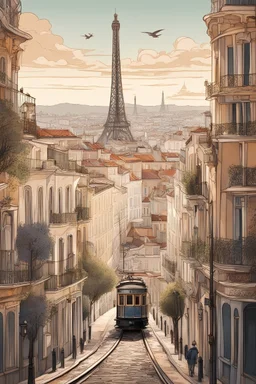 Lisbon city view with famous tram and eiffel tower in background, art nouveau style, art deco, fantasy