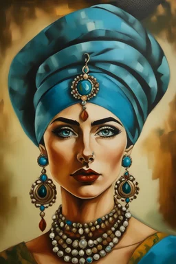 Portrait of Polish woman in turban with jewellery and with guy from Pakistan on her head painted according to style of Salvador Dali
