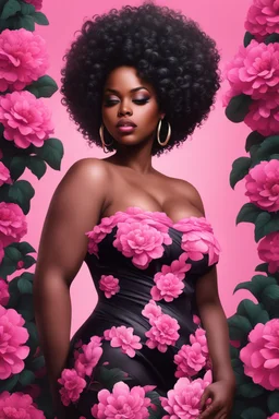 Create an urban art style image of a curvy black female wearing a pink off the shoulder blouse and she is looking down with Prominent makeup. Highly detailed tightly curly black afro. Background of large pink and black flowers surrounding her